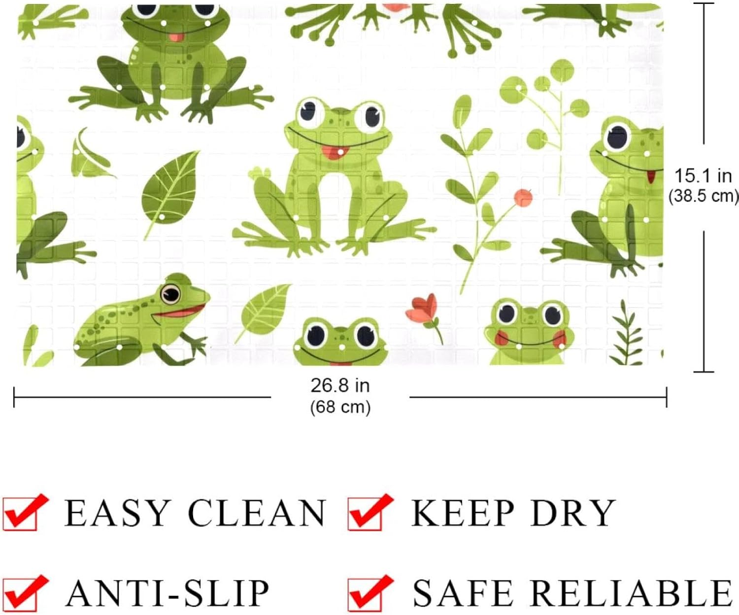 Cute Frogs in Nature Seamless Pattern Bath Tub and Shower Mats, Non Slip Bathmat with Drain Holes and Suction Cups for Bathroom Floor, 15.1 x 26.8 Inch