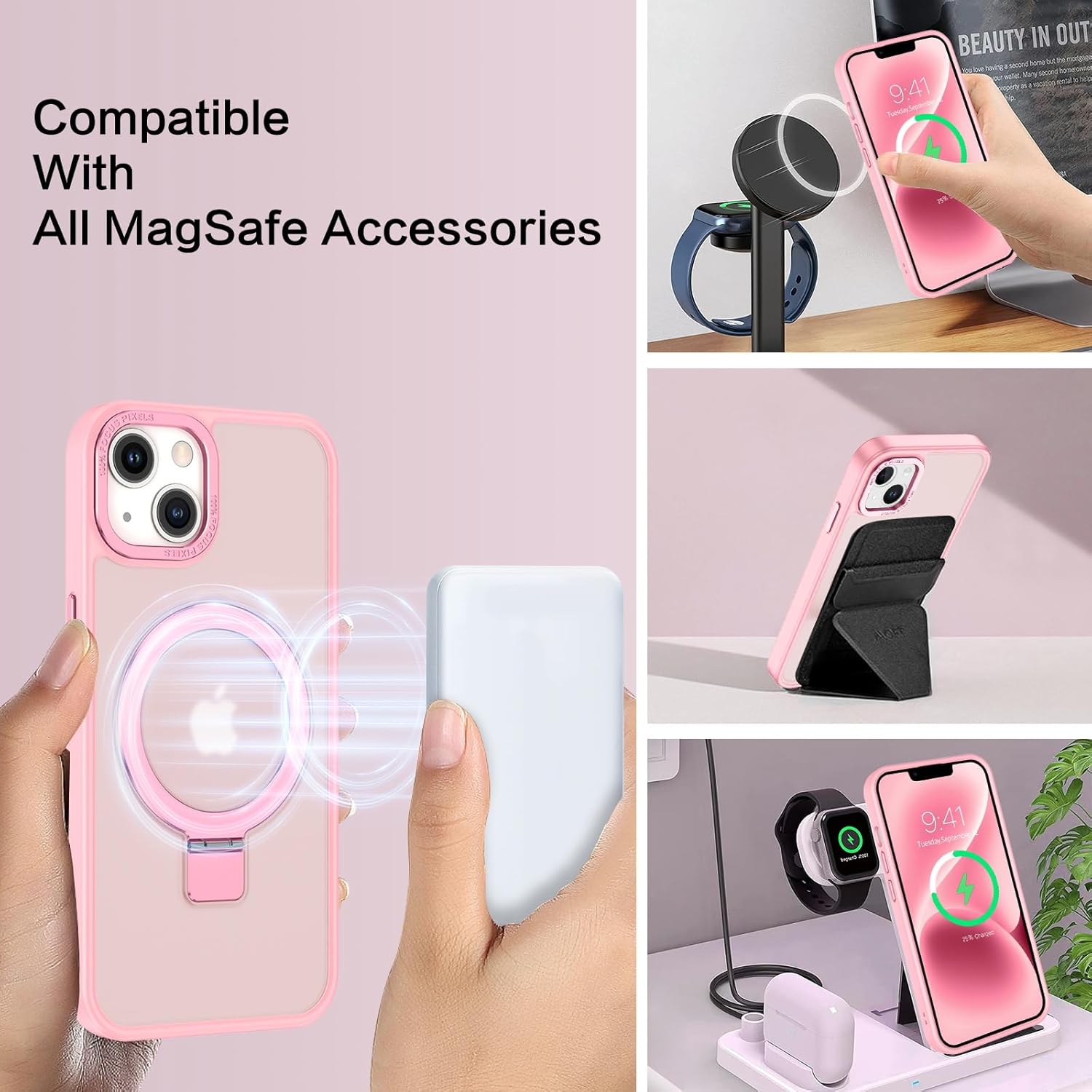 DUEDUE for iPhone 14 Case Magnetic, Phone Case iPhone 13 with Ring Stand[Compatible with Magsafe], Full Body Protective Cover Slim Shockproof Kickstand Phone Cases for iPhone 14/13 6.1", Pink - Image 3