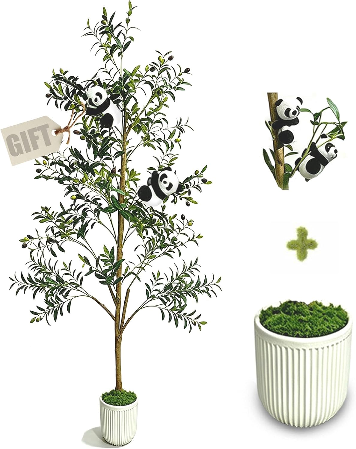 6FT Artificial Olive Tree Indoor Faux Olive Trees with Flower Pot Panda Toy | Branches and Fruits, Suitable for Interior Home, Outdoor Patio, and Office, Comes with Cute Panda Ornament Gift,Does not fade