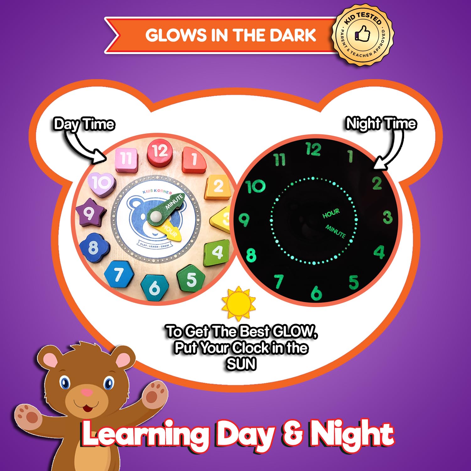 Orologio in legno con pizzo e apprendimento per bambini, forme, colori, lacci e tempo di rivelazione, si illuminano al buio abilità motorie sottili e giocattoli in legno con e-book
