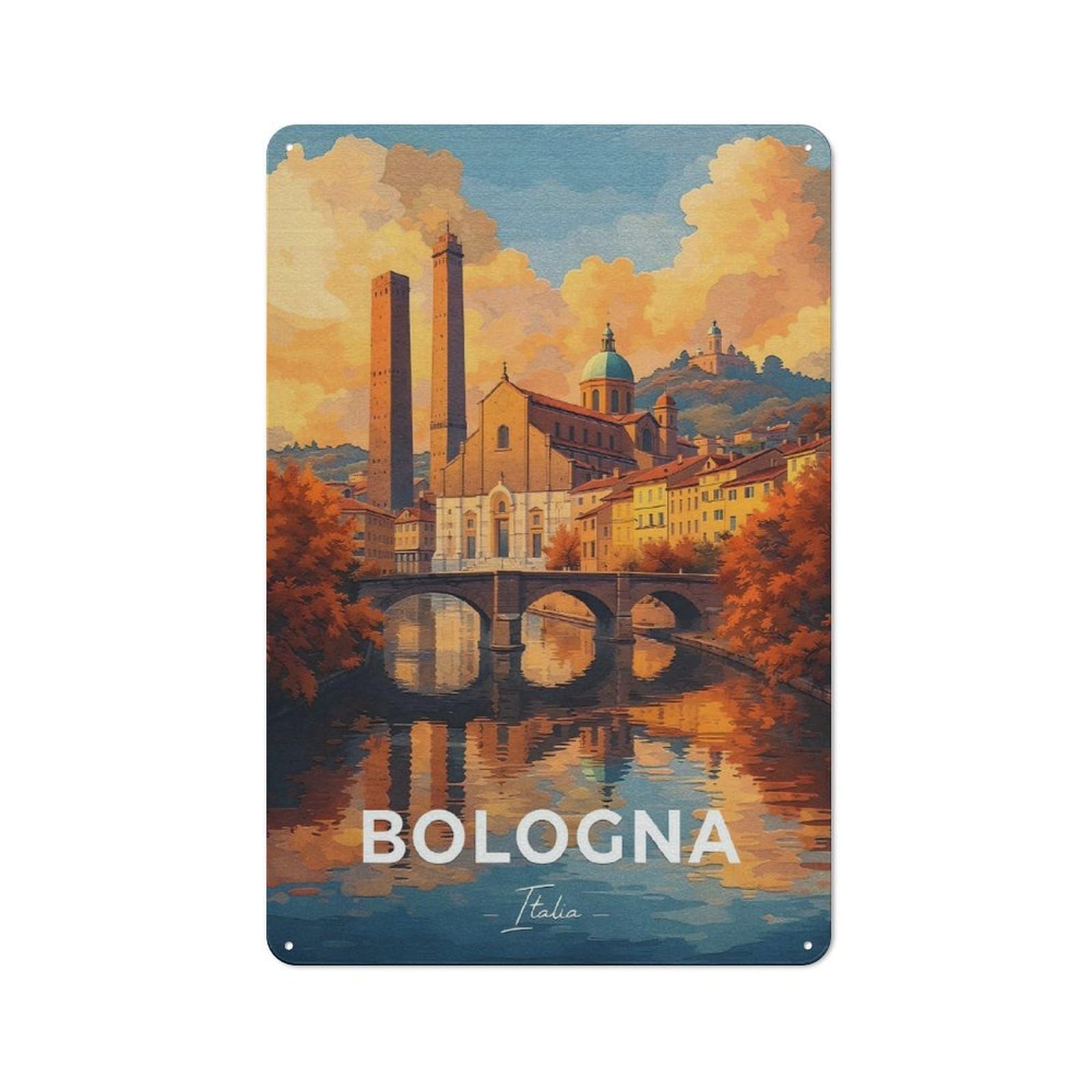 Tin Sign 30x20cm with Bologna Cityscape with Towers And River for Garage Wall, Retro-style Decor, for Room Styling Across Garages And Workshops