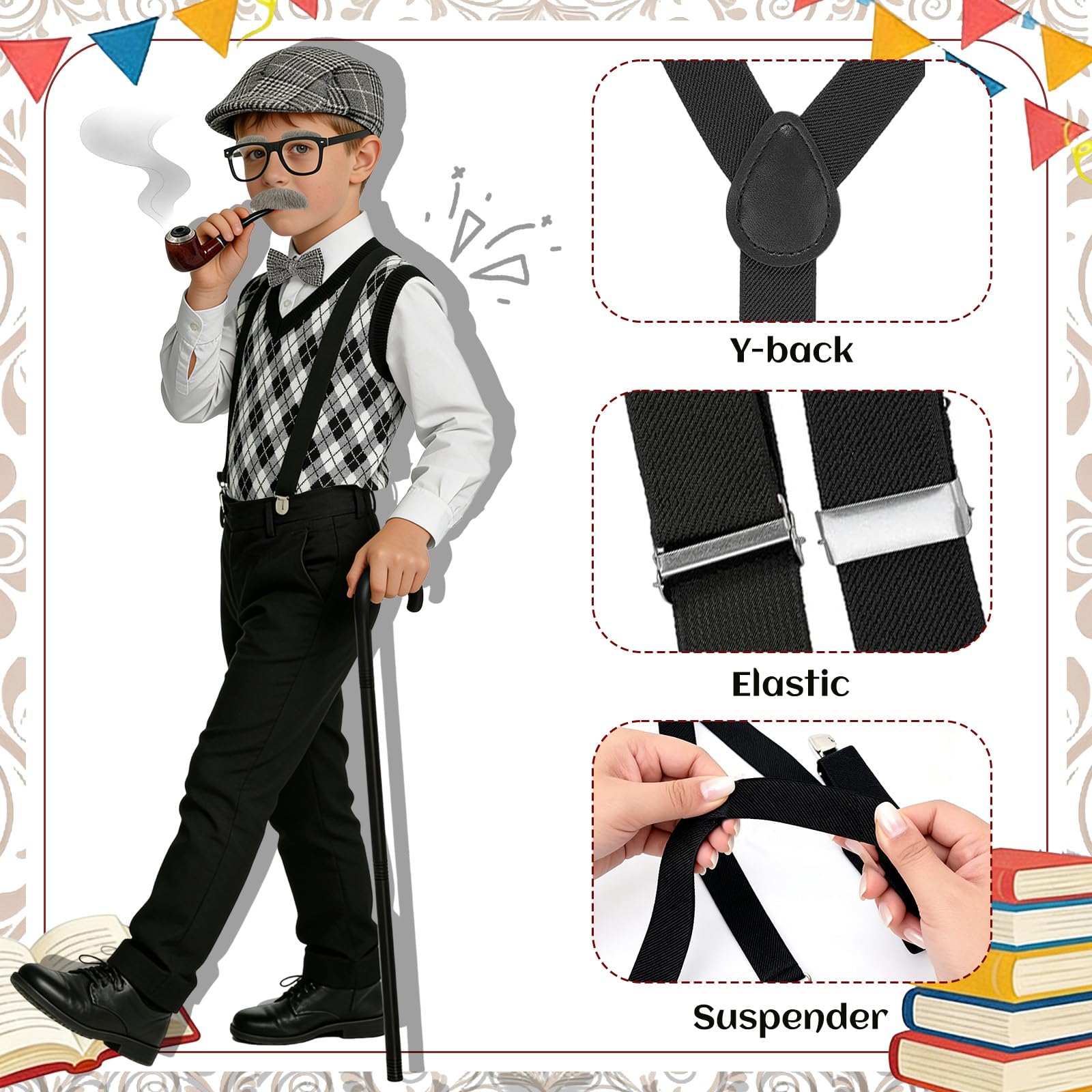 Disfraz de anciano para niños, 8 piezas, disfraz de abuelo de los 100 días de escuela de los años 20, sombrero, chaleco, bastón de corbata, disfraz divertido para Halloween, Día Mundial del Libro
