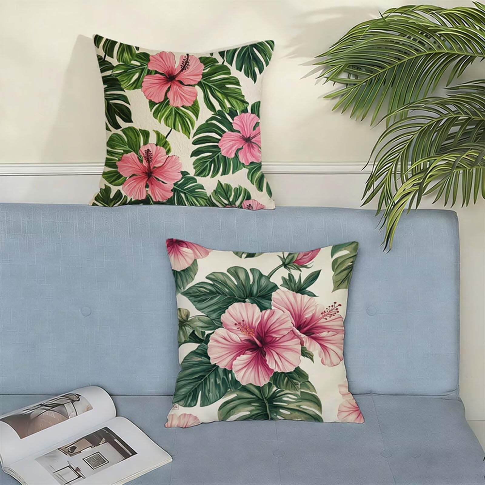 Juego de 2 Funda Cojin 80x80CM Planta, Cuadrada Impermeable Fundas Cojines Flor Lino Impresión a Doble Cara con Cremallera Oculta, Apto para Todas las Estaciones Funda Almohada para Sofá o Salón X-347