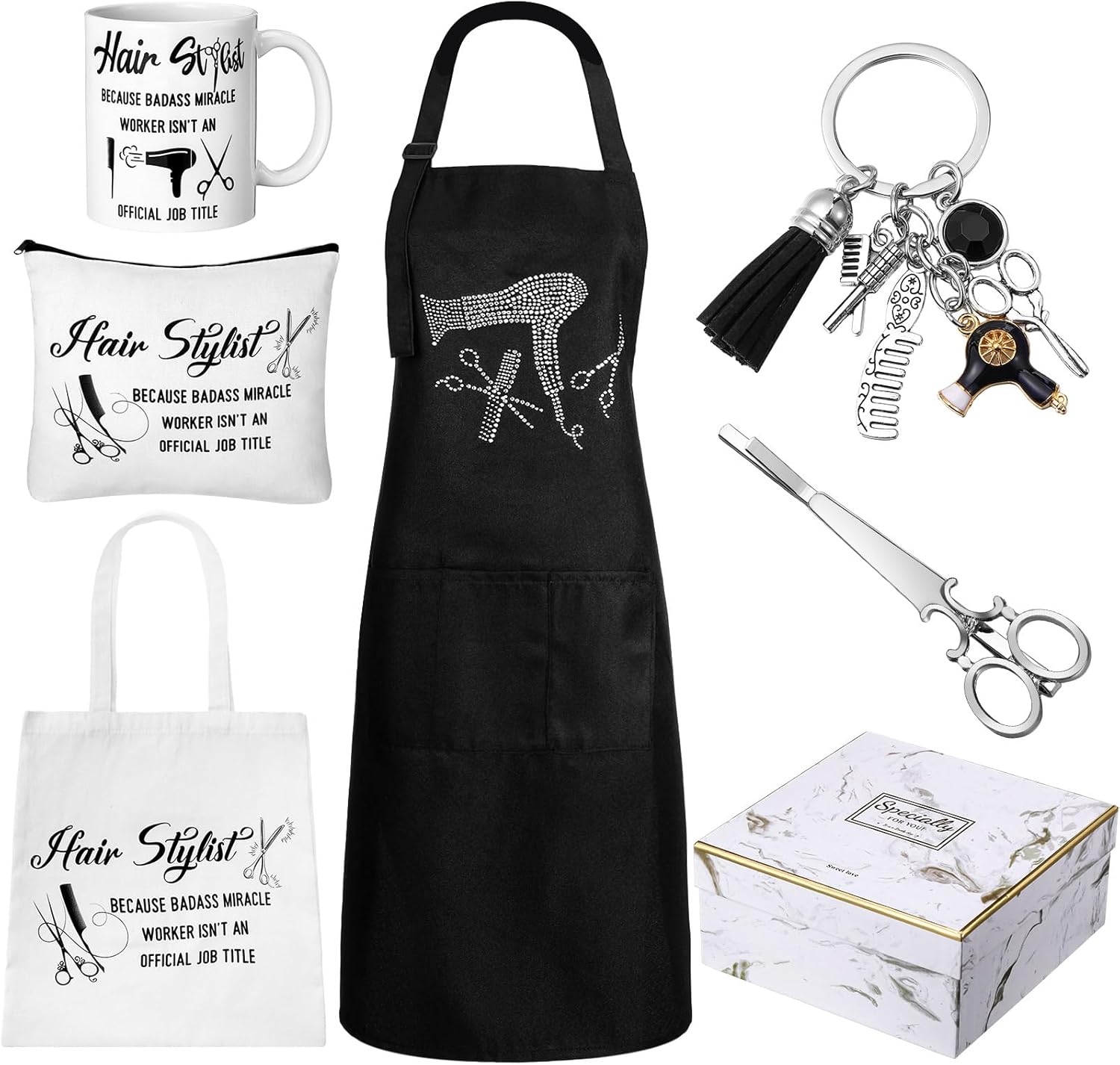 Coume 7 Pcs Hairdresser Gift Set for Women Hairstylist Apron Tote Bag Makeup Bag Mugs Scissors Charm Keychain Scissor Hair Clips and Box for Female Inspirational Appreciation Gifts