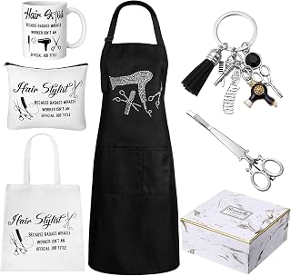 Coume 7 Pcs Hairdresser Gift Set for Women Hairstylist Apron Tote Bag Makeup Bag Tumblers Scissors Charm Keychain Scissor Hair Clips and Box for Christmas Female Inspirational Appreciation Gifts