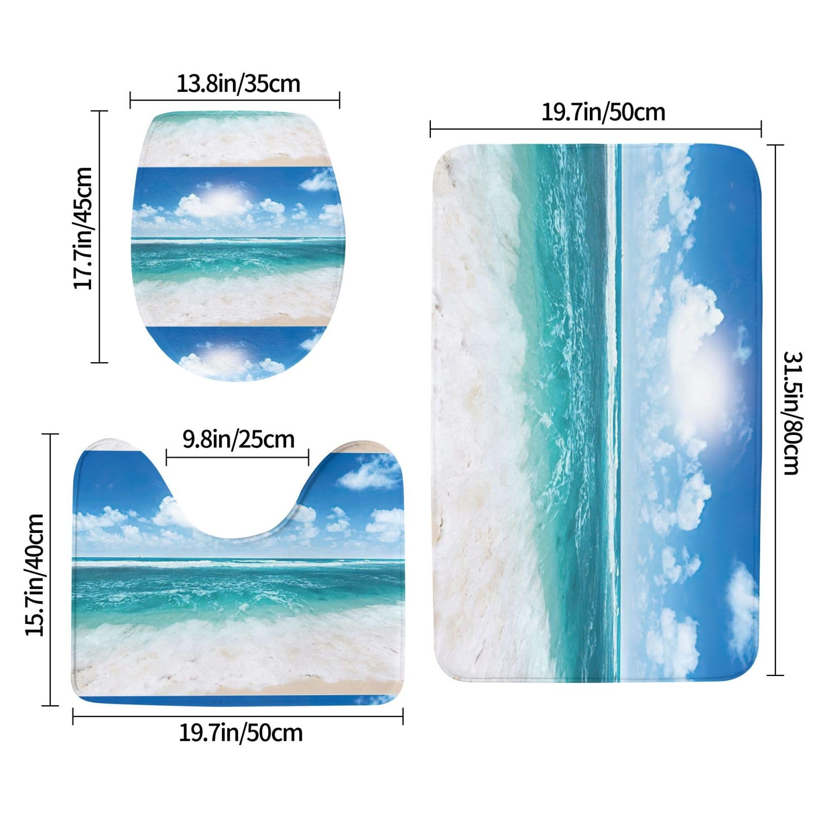 BREAUX Blue Sky Tapis de sol antidérapant pour salle de bain Motif paysage marin tropical 3 pièces