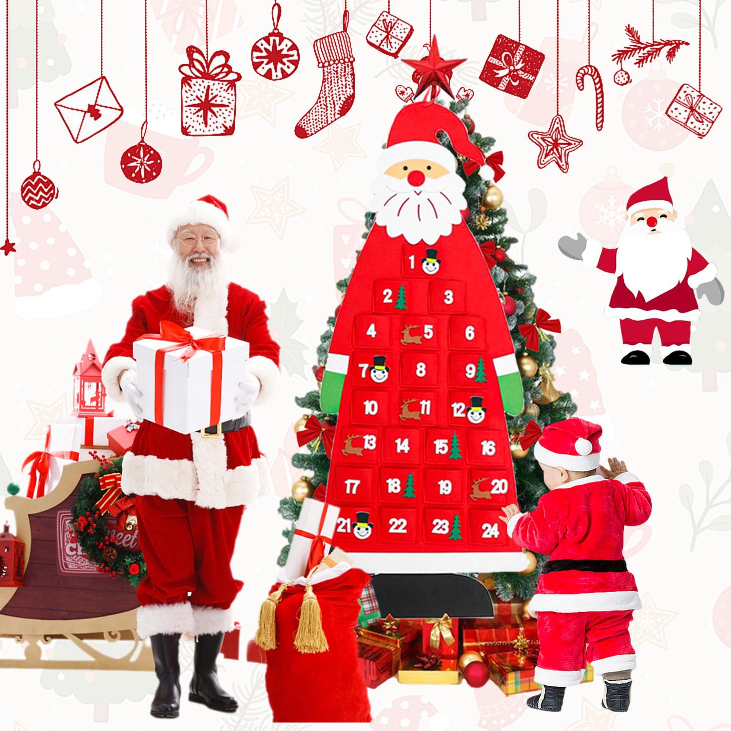 Filz Adventskalender Mit Weihnachtsmann Design - Wandkalender Für Weihnachtsdekoration