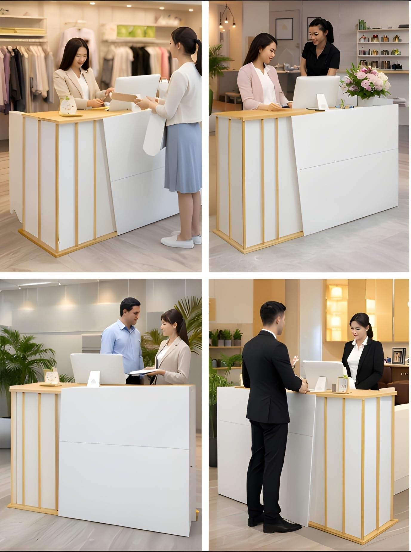 Mostrador de Recepción con Escritorio Integrado y Estantes Abiertos, Mostrador Moderno para Oficina, Clínica, Salón, Tienda o Área de Recepción