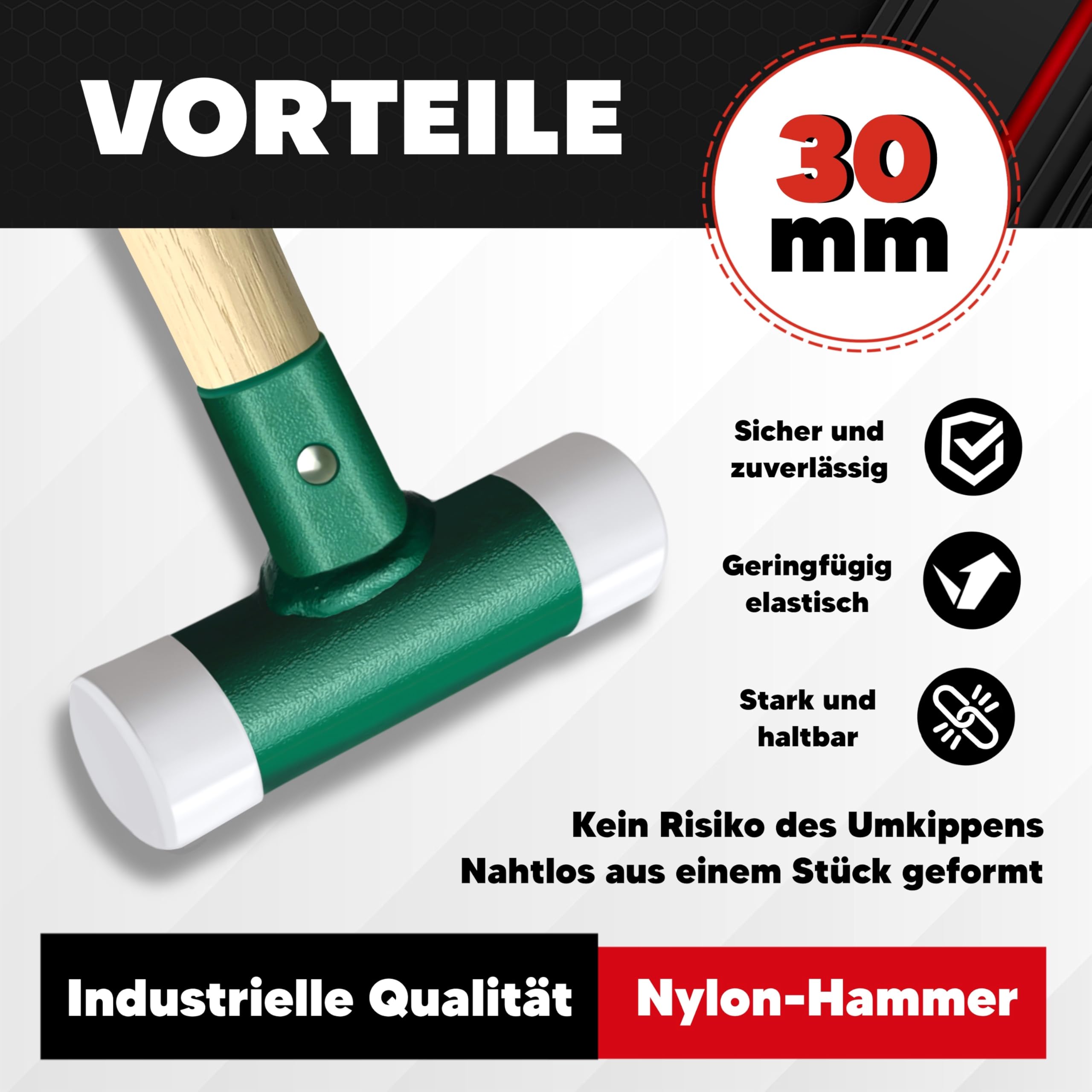 C&T Martello di protezione, martello di protezione senza contraccolpo, battente morbido, diametro 30 mm, manico in legno con testa in nylon intercambiabile per manutenzione e montaggio, 30 mm, manico