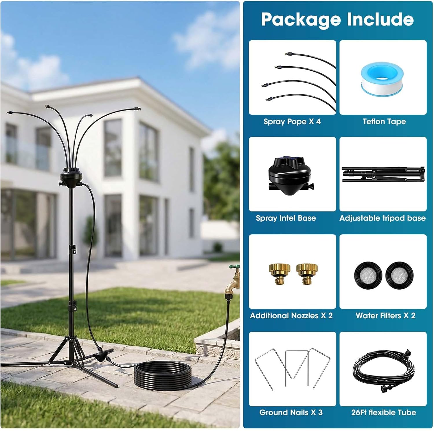 5.3FT Standing Misters for Outside Patio,Misting Cooling System with 26.5FT Water Line & 6 Brass Nozzles,Adjustable Height Portable Water Mister for Patio, BBQ, Pool, and Water Activities