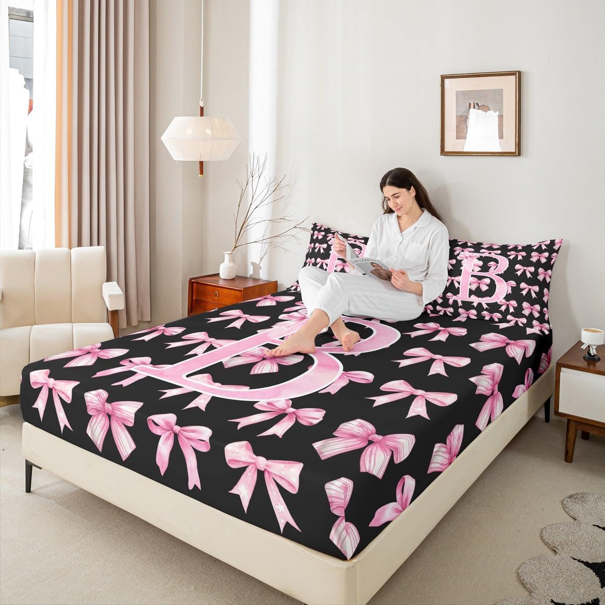 Coquette Bow Fitted Sheet Full Size Pink and Black Cute Bowknot Sheets Initial Letter B Aesthetic Bow Gifts Alphabet B Girls Bed Sheets for Girlfriend/Mom/Sister with Deep Pocket(B)