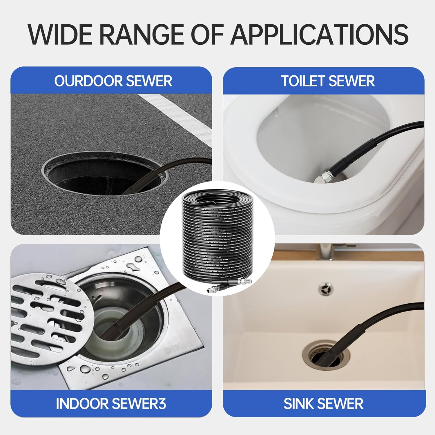 Sewer Jetter Kit for Pressure Washer 150FT，Drain Cleaner Hose 1/4 Inch NPT Corner, Rotating and Button Nose Sewer Jetting Nozzle Kit Waterproof Tape Pearl Corsage Pin and Spanners，5800PSI