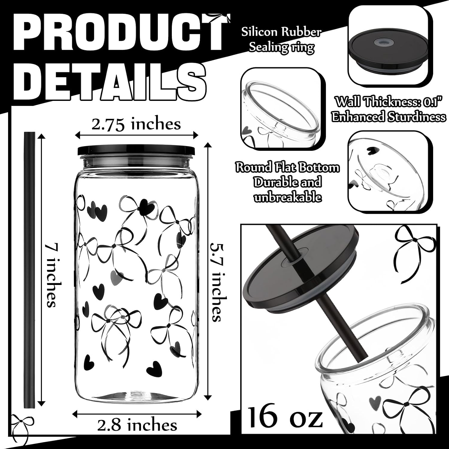 8 Pcs Coquette Bow Plastic Cup with Lid Straw 16 oz Mason Jar, Bow, Black image 2