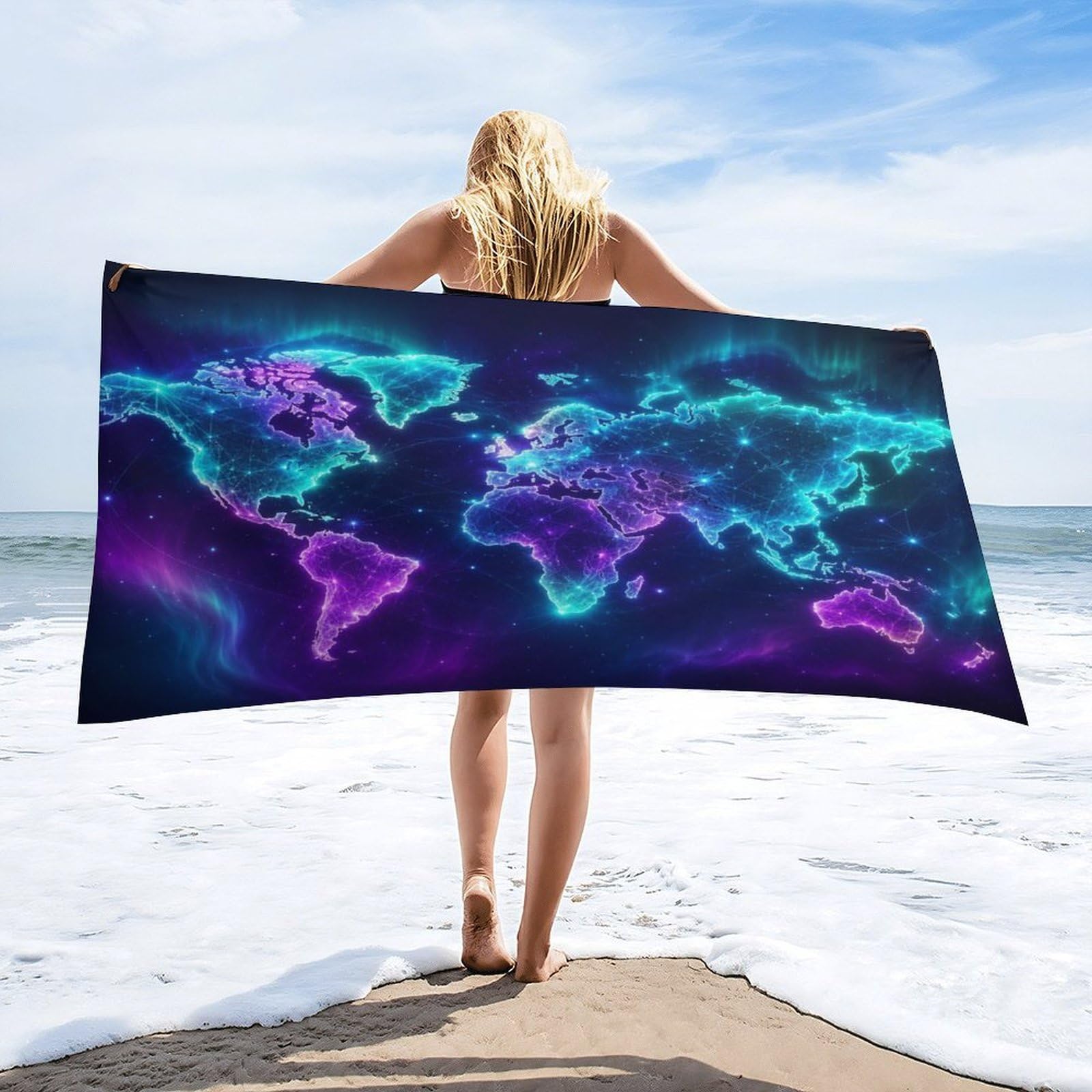 Anceky Glowing World Map Neon Beach Towel 30"×60",Soft Microfiber Bath Towel Shawl, Quick Dry Absorbent Pool Spa Gym Shower Towel