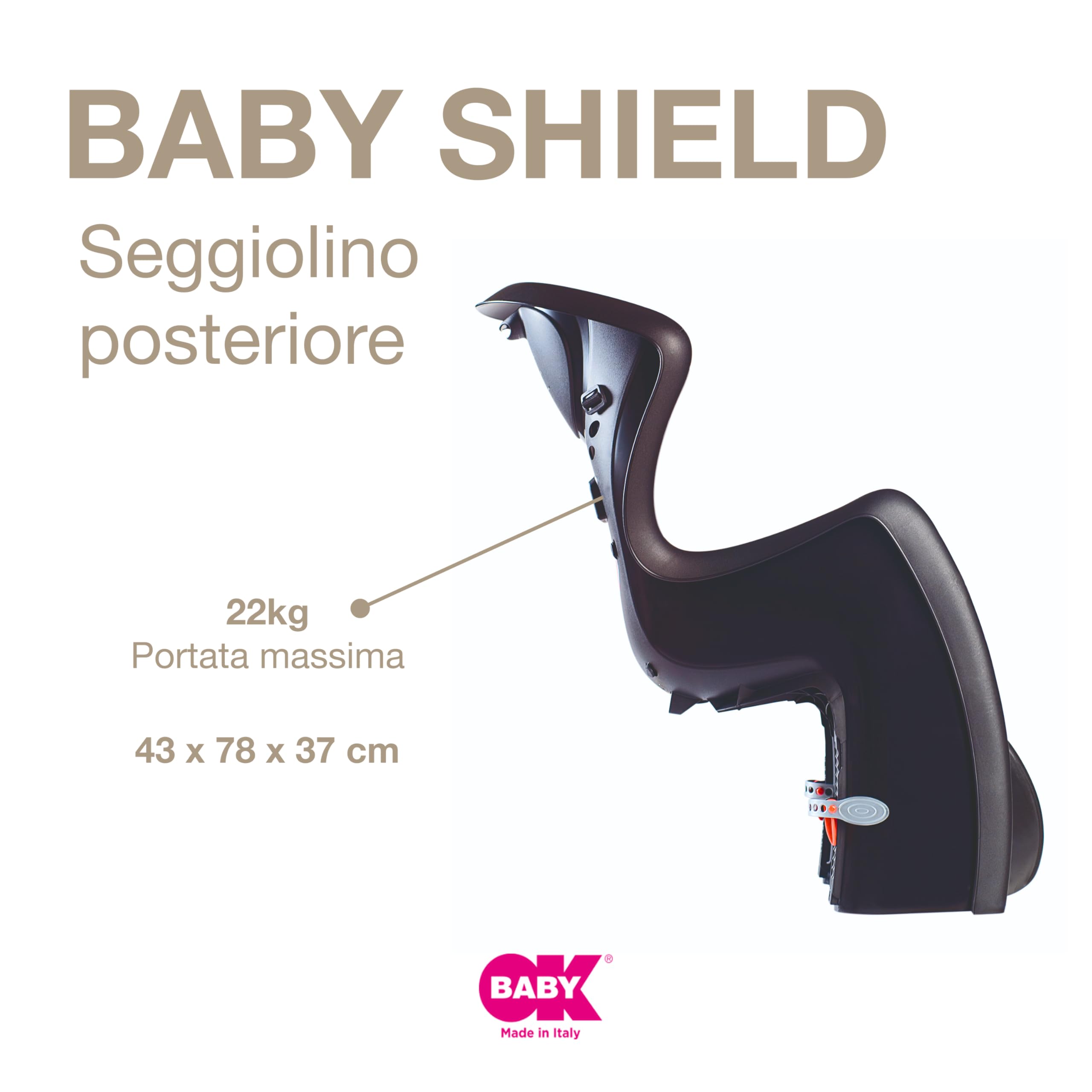 OKBABY Baby Shield - Seggiolino Da Bicicletta Posteriore Per Bambini Fino A 22 Kg - Aggancio Al Portapacchi - Nero E Argento