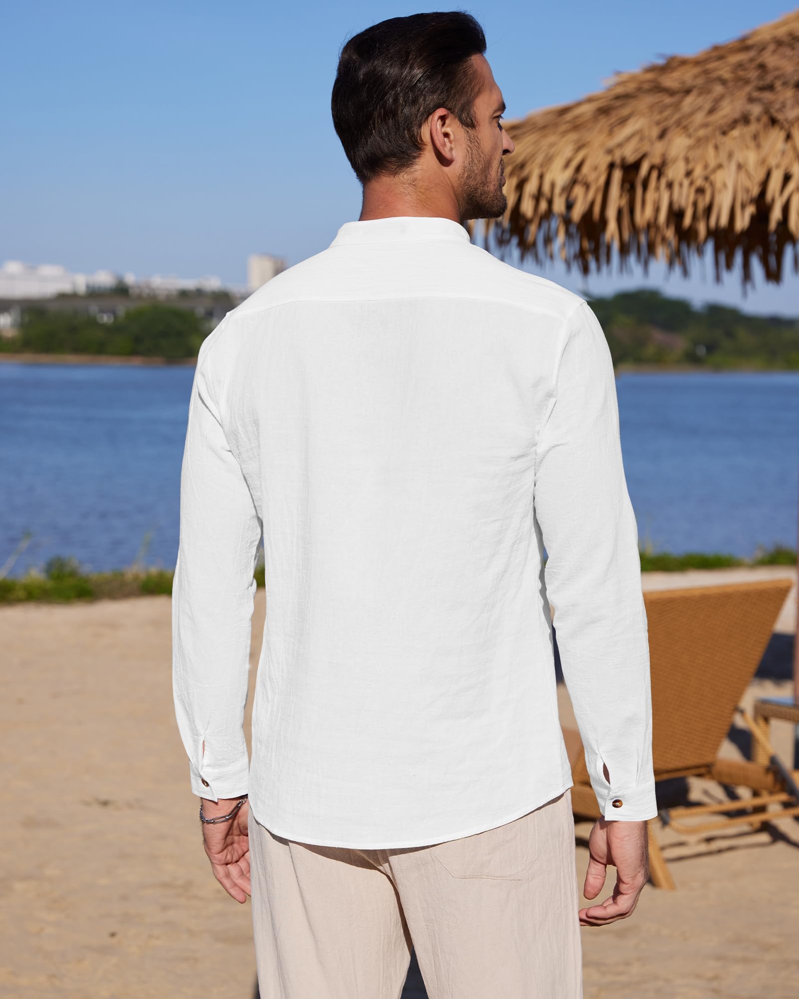 YAOBAOLE Chemise Lin Homme Manches Longues Été Mao Décontractée Henley Shirts de Plage Classique