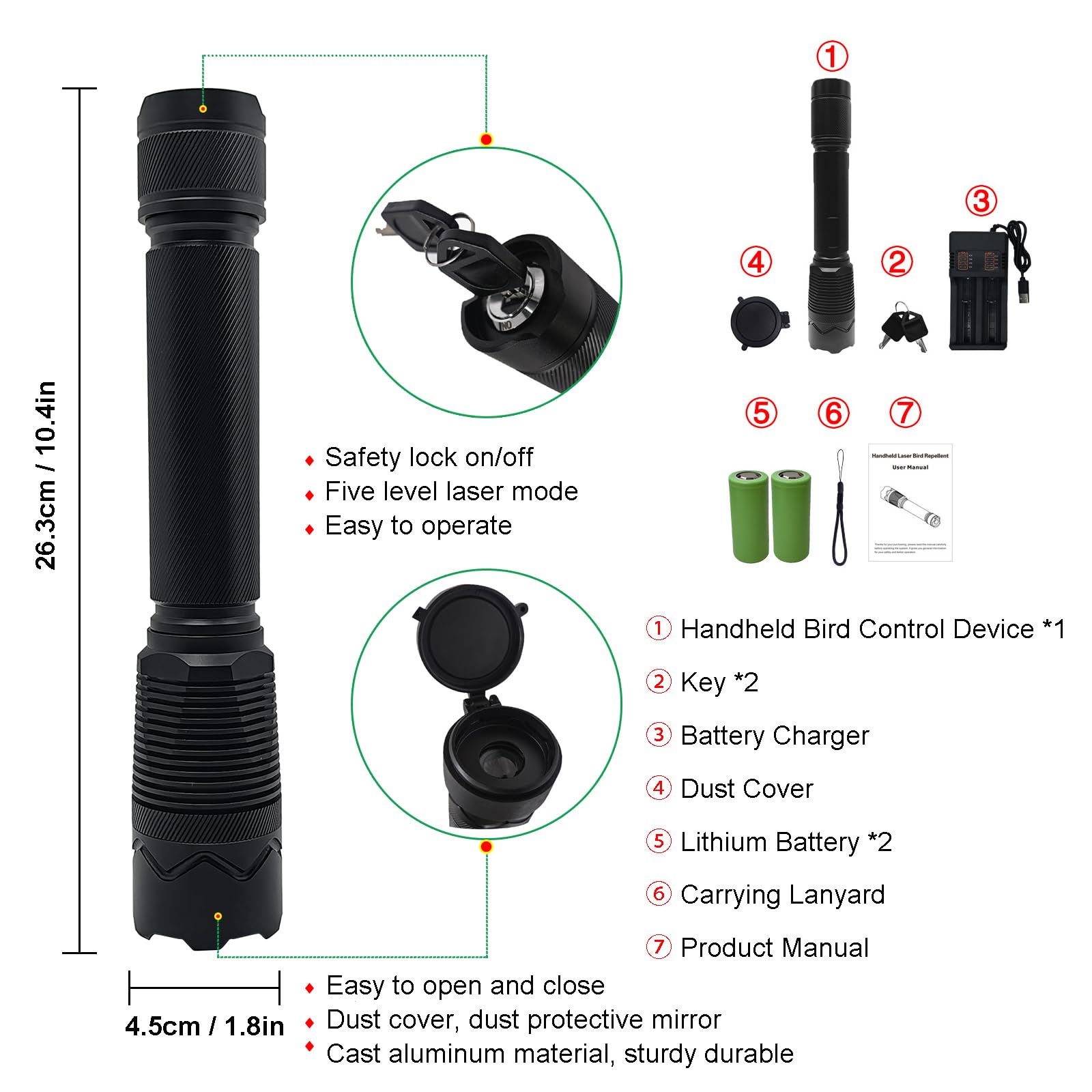 Dissuasore Laser per Uccelli da Esterno, Portatile Deterrente per Piccioni e Uccelli, Ricaricabile Dispositivi Anti-Uccelli, IP65 Impermeabili, 6 modalità Laser