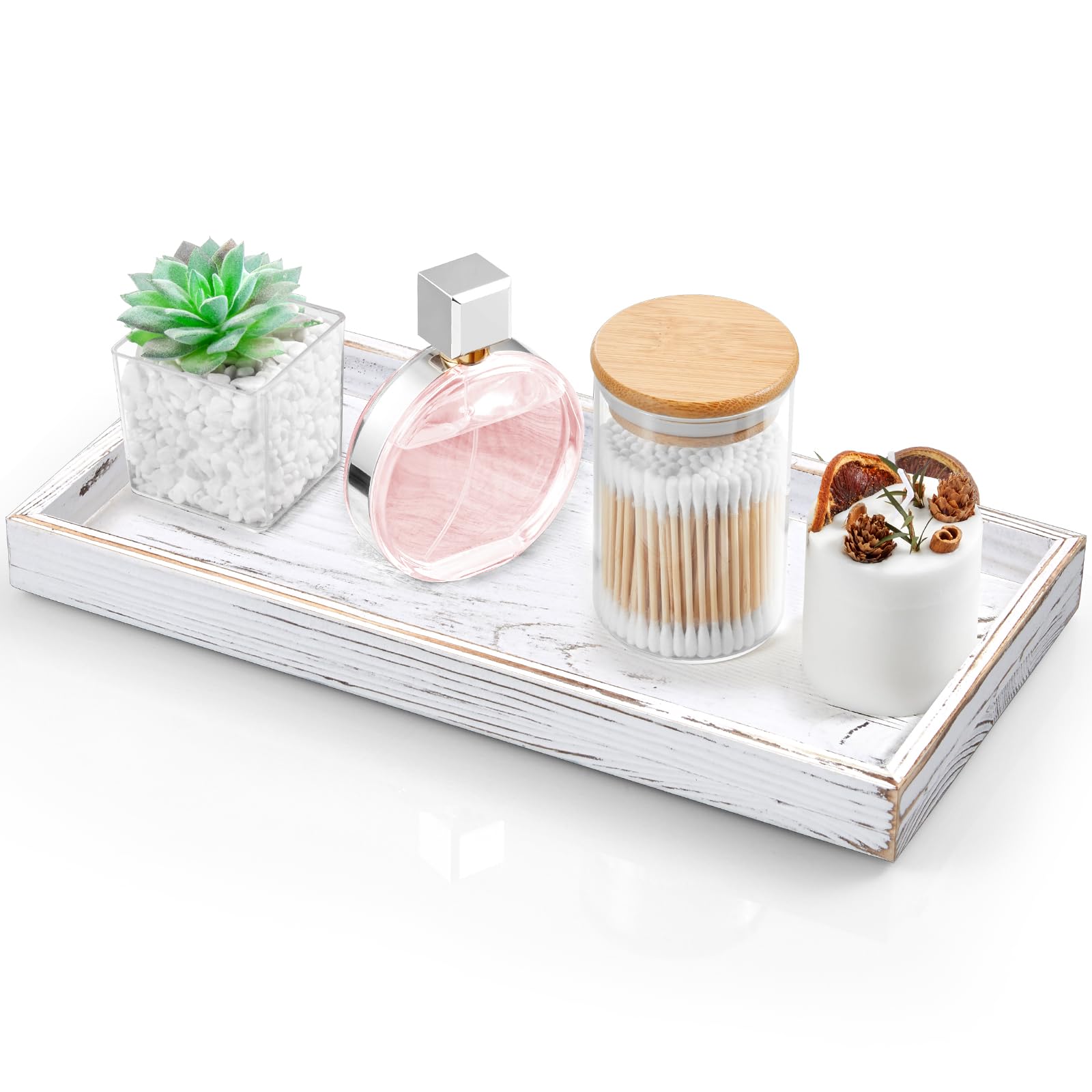 ALELION 13" White Bathroom Vanity Tray for Counter - Wood Decorative Tray for Toilet Tank Makeup Perfume Jewelry Catchall Table - Wooden Kitchen Countertop Organizer for Soap Dispenser