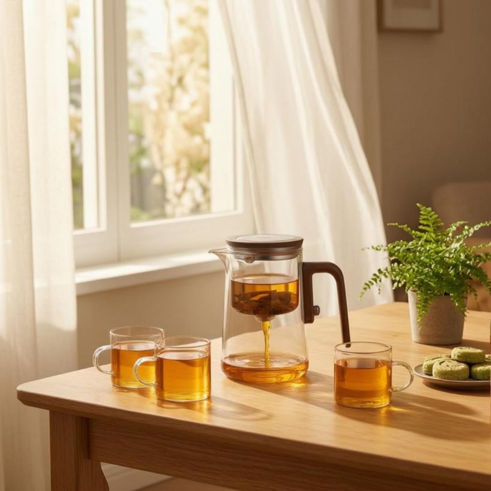 GlasTeekanne mit Sieb hitzebeständig Teebereiter aus Glas tropffrei Glasteekanne, 600ML Teekanne Mit Vier Tassen