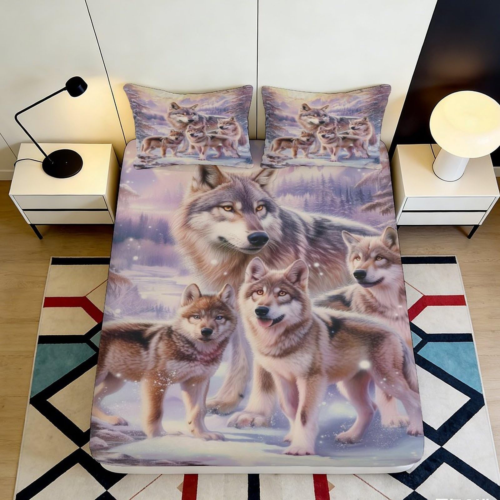 3D Printed Wolf Family Fitted Sheet Microfiber Non-Slip Forest Night Bed Cover for Bedroom Guest Room Decor 90x200x25cm