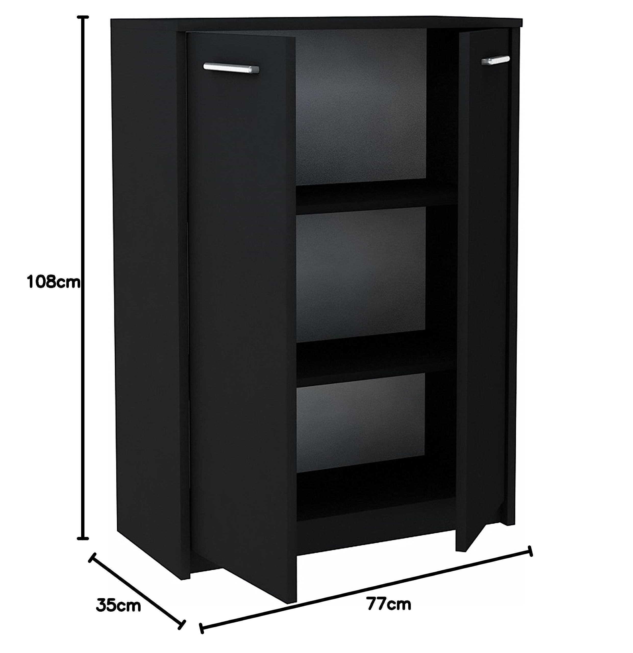 MATKAM Bürokommode 2D2P 2-türig, H/B/T 108 x 77 x 35 cm, mit Zwei Innenregalen (Abstand 31,7 cm, passend für einen Standard-Ordner), Griffe in Metall-Optik. Scharniere aus Metall (Schwarz)
