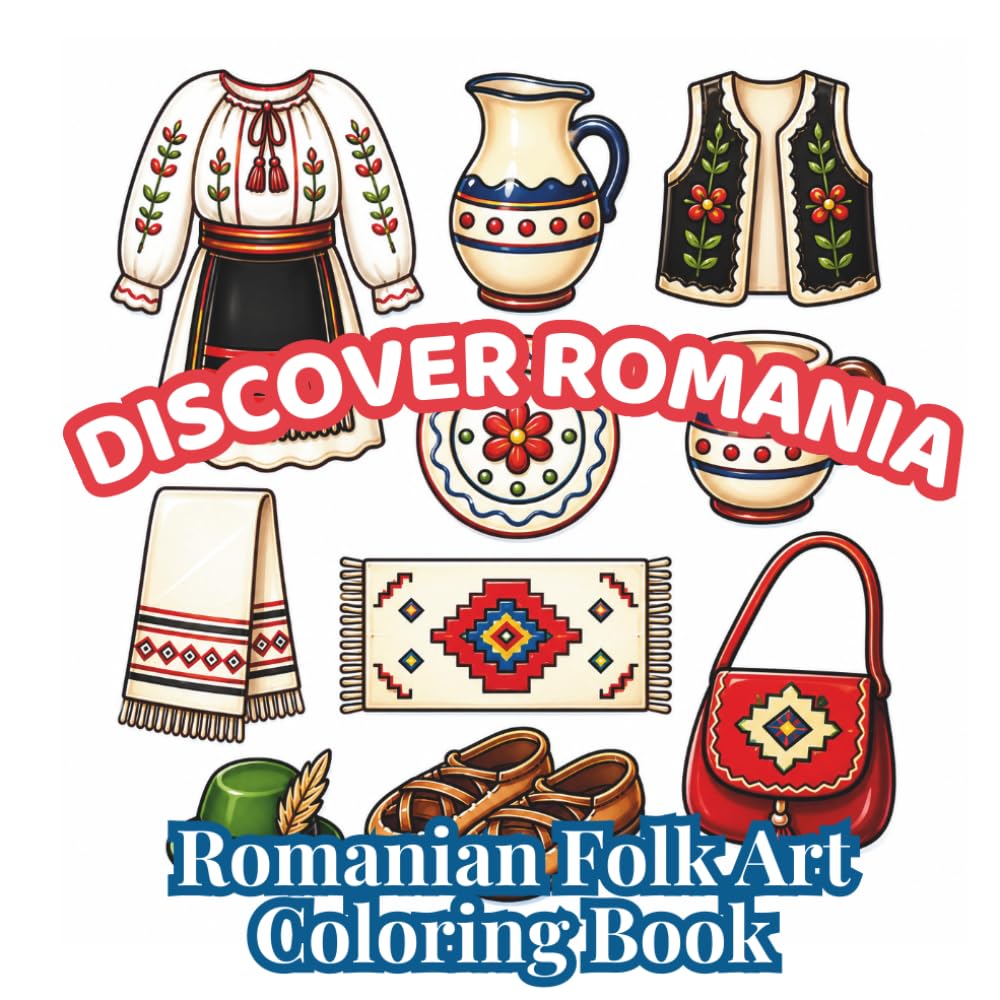 Discover Romania: Romanian Folk Art: 48 Relaxing Folk Art Designs Featuring Traditional Costumes, Pottery, Textiles, Weaving, Embroidery, Cultural ... (Discover Romania Coloring Collection)