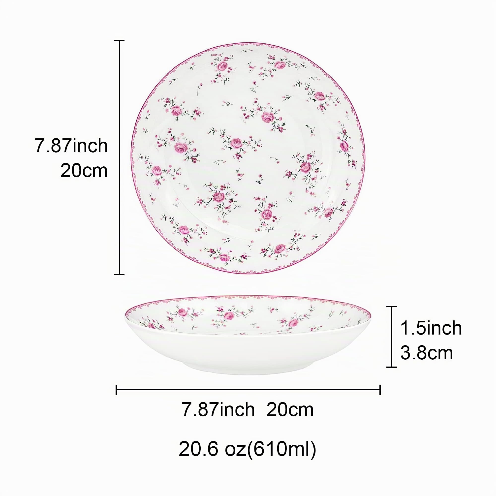 fanquare Set di 4 Piatti da Insalata Rosa in Porcellana, Insalatiere Vintage Stile Reale, Ciotole per Cereali in Ceramica