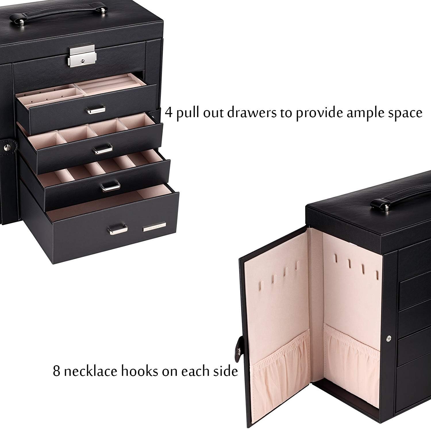 SSLine Deluxe Large Jewelry Box 5-Tier Leather Jewelry Storage Chest Portable Travel Case with Watch Sunglasses Earring Holder Organizer - Black : Clothing, Shoes & Jewelry