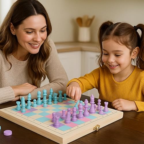 Miniatura 2 de Juego de ajedrez y damas de madera 2 en 1, juego de ajedrez para niños, tablero de madera de 11 x 11 pulgadas que se pliega como estuche de