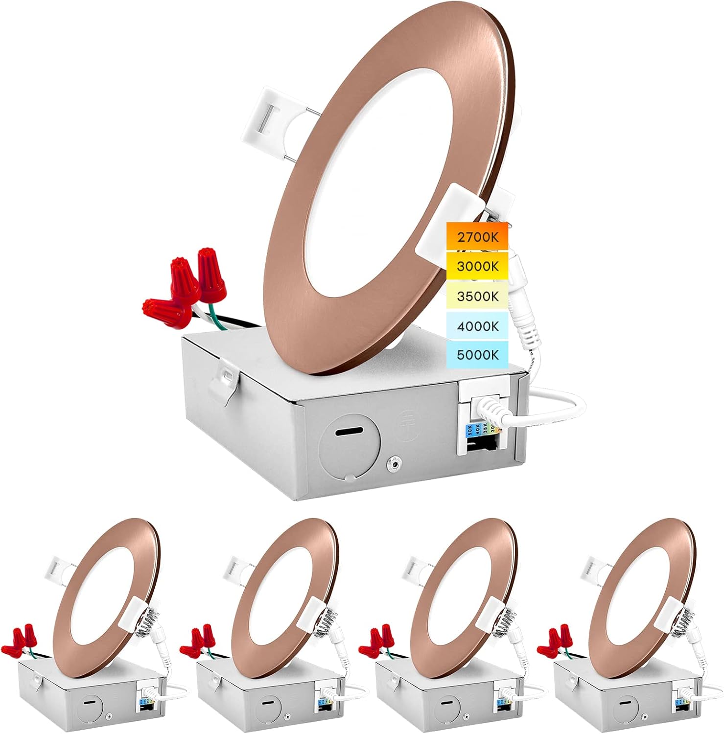 LUXRITE 4 Inch Ultra Thin LED Recessed Light with J-Box, 10W, 5 Color Options 2700K | 3000K | 3500K | 4000K | 5000K, Dimmable Wafer Lights, 750 Lumens, Copper Trim, Energy Star, IC Rated (4 Pack)