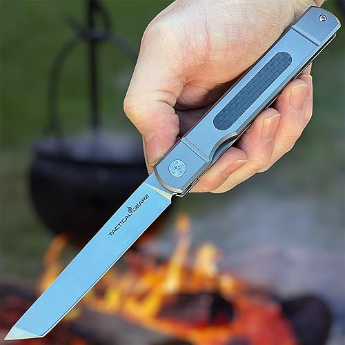 Miniatura 8 de Cuchillo plegable de bolsillo EDC con mango de titanio macizo! Hoja de acero D2! Incluye funda (estándar de tatsu)