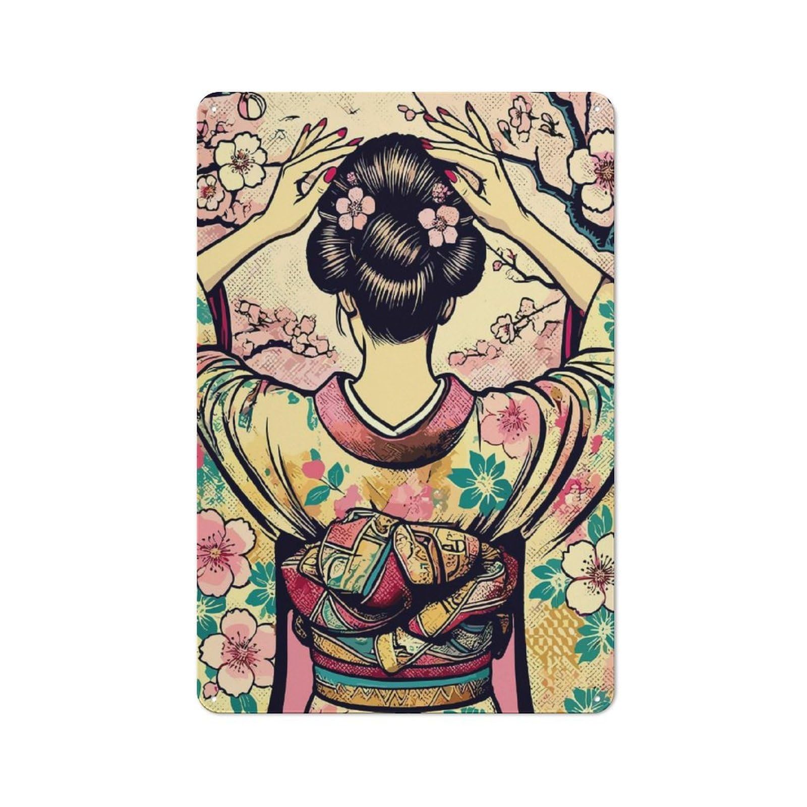 Junmoney Geisha With Cherry Blossoms Tin Wall Plaque 30X20cm With For Hallway Wall, For Home Interiors, Feature Walls And Decorative Displays