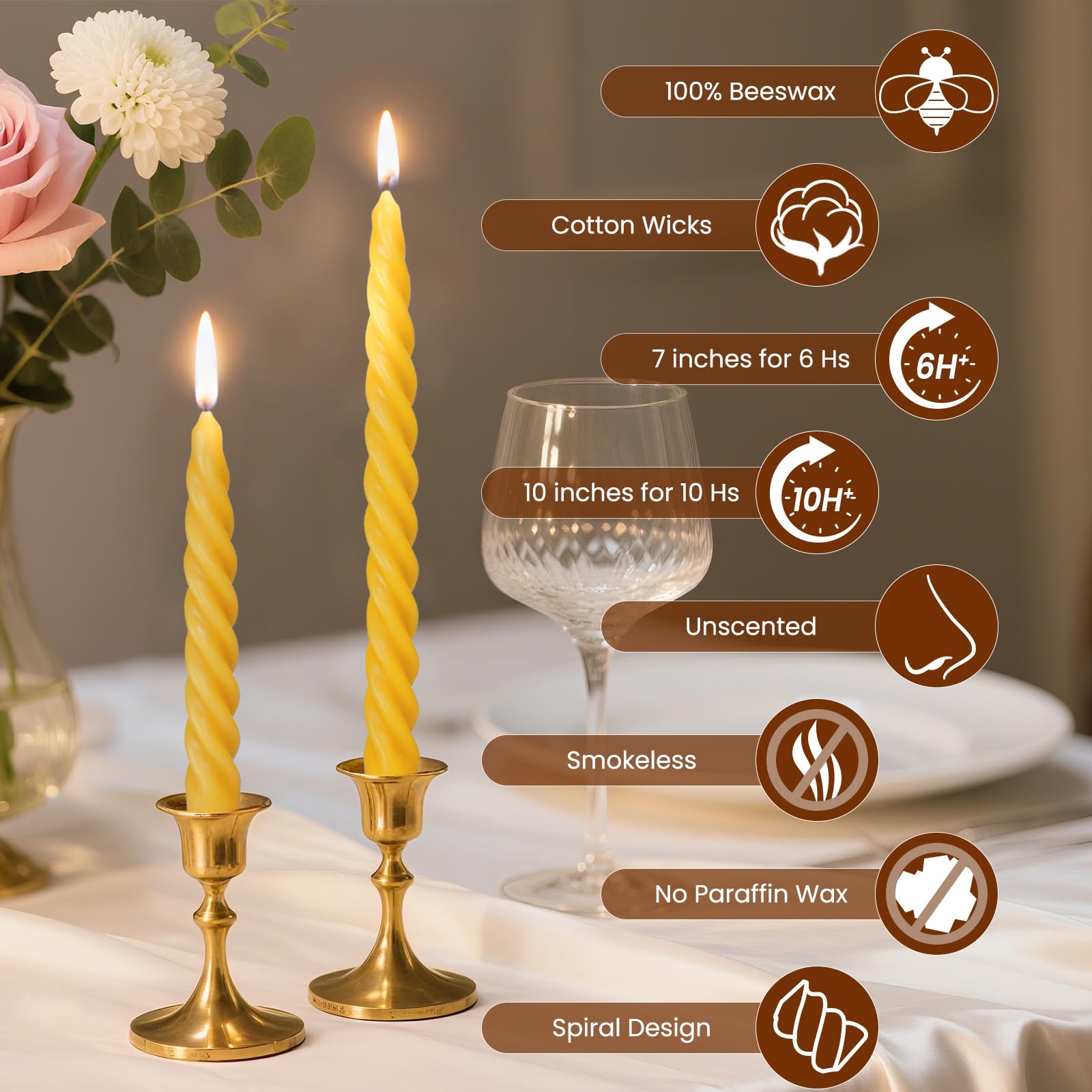 16 velas cónicas en espiral de cera de abeja pura de 7 pulgadas, velas trenzadas, sin goteo y sin perfume para bodas, Navidad, cena, meditación, color amarillo natural