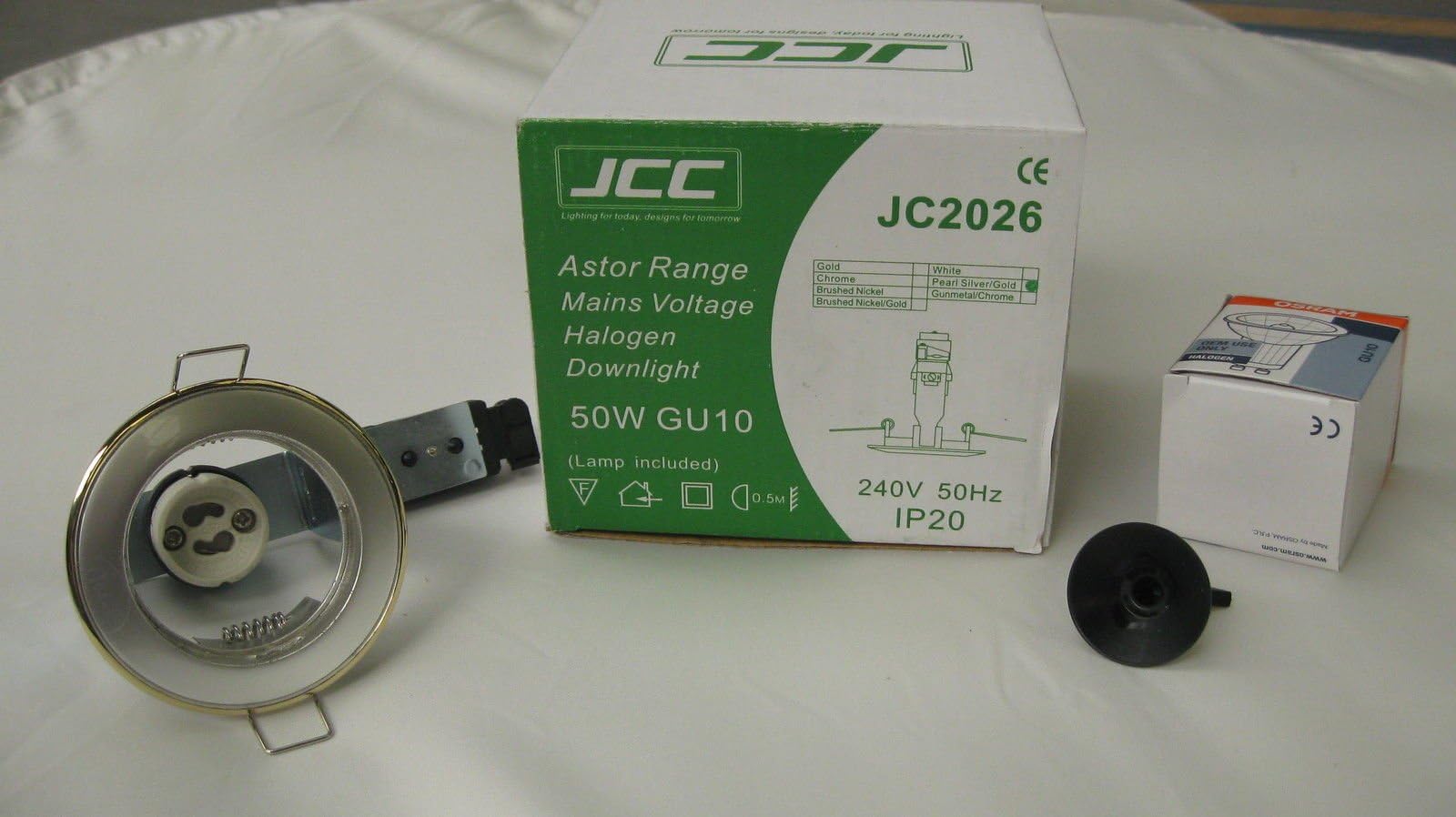 JCC Astor Range Mains Voltage Halogen Downlight, Light, 50W, GU10 IP20, Gold Rim