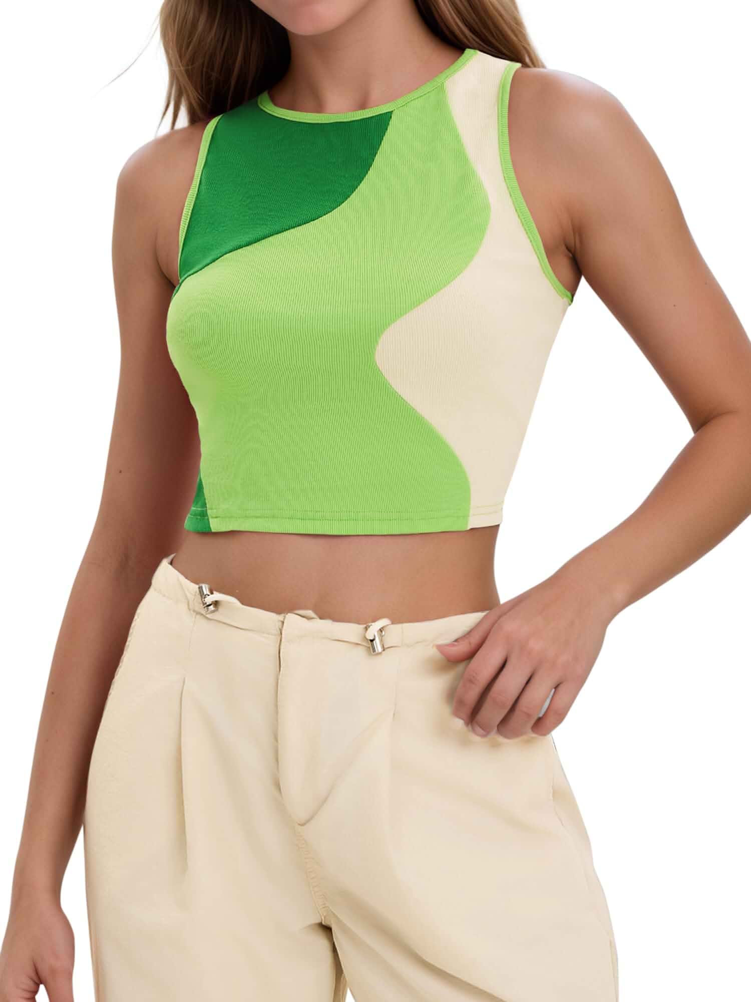 Cropped Tank Tops for Women Summer Color Block Ribbed Sleeveless Tops Basic Casual Going Out Tops Sleeveless