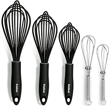 Anaeat Kitchen Whisk Set of 5, Perfect for Non-Stick Cookware, Egg Beater Milk Blender for Whisking, Cooking, Baking - 5"+7" Mini Wire Whisk and 9+11+12 Silicone Balloon Whisks Black
