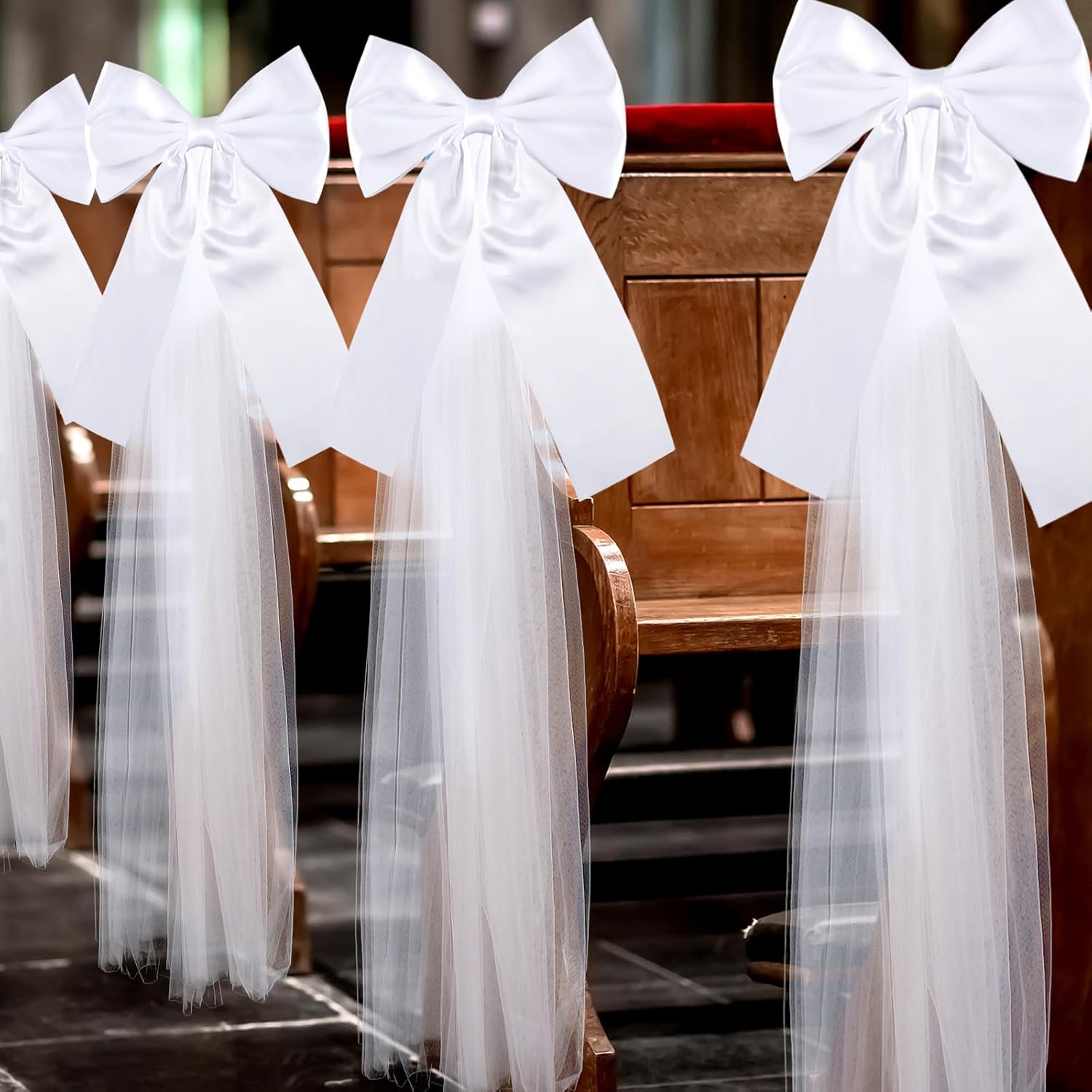 12 Pcs Large White Wedding Pew Bows 15.7 x 7.9 in Satin Bow with 98.5ft Fabric Tulle Church Chair Aisle Decor for Wedding Dress Bowknot Bridal Shower Reception Birthday (Flat Bow)