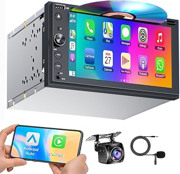 Double Din Car Stereo with CD/DVD Player Apple Carplay & Android Auto, 7 Inch Car Radio with Bluetooth and Backup Camera, Touch Screen, Mirror Link, Steering Wheel Control, USB/TF/AUX Input, AM/FM