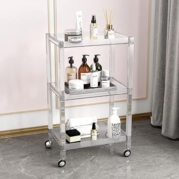 Multifunctional Utility Cart Service Storage Trolley Rolling Salon Tray Blue/Brown/Green/Grey/Clear, Commercial 3-shelf Beauty Hairdressing Instrument Storage Trolley Tool Station with Wheels, Food-gr