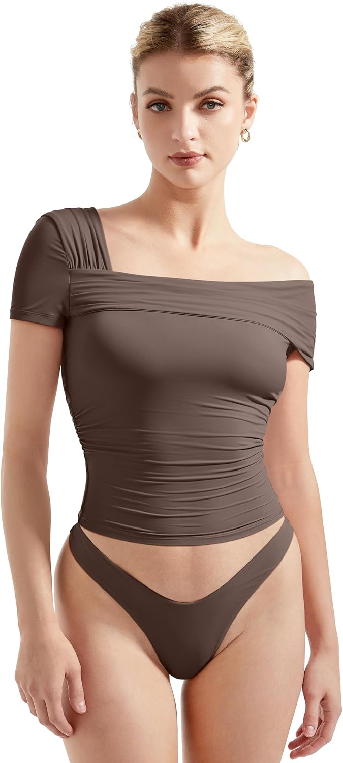 SUUKSESS Women One Off The Shoulder Summer Tank Tops Ruched Short Sleeve Shirts - Image 5