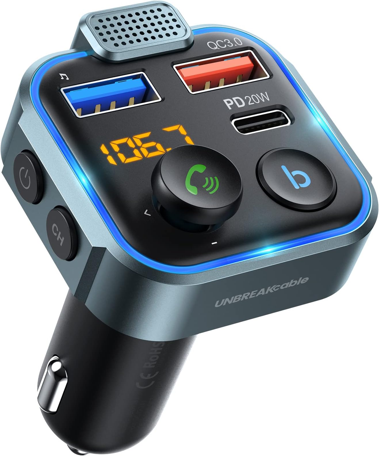 Bluetooth 5.3 FM Transmitter for Car, [PD 20W + QC 3.0] [Stronger Microphone & HiFi Bass Sound] Cigarette Lighter Radio Music Adapter Charger, Supports Hands-Free Siri Google Assistant