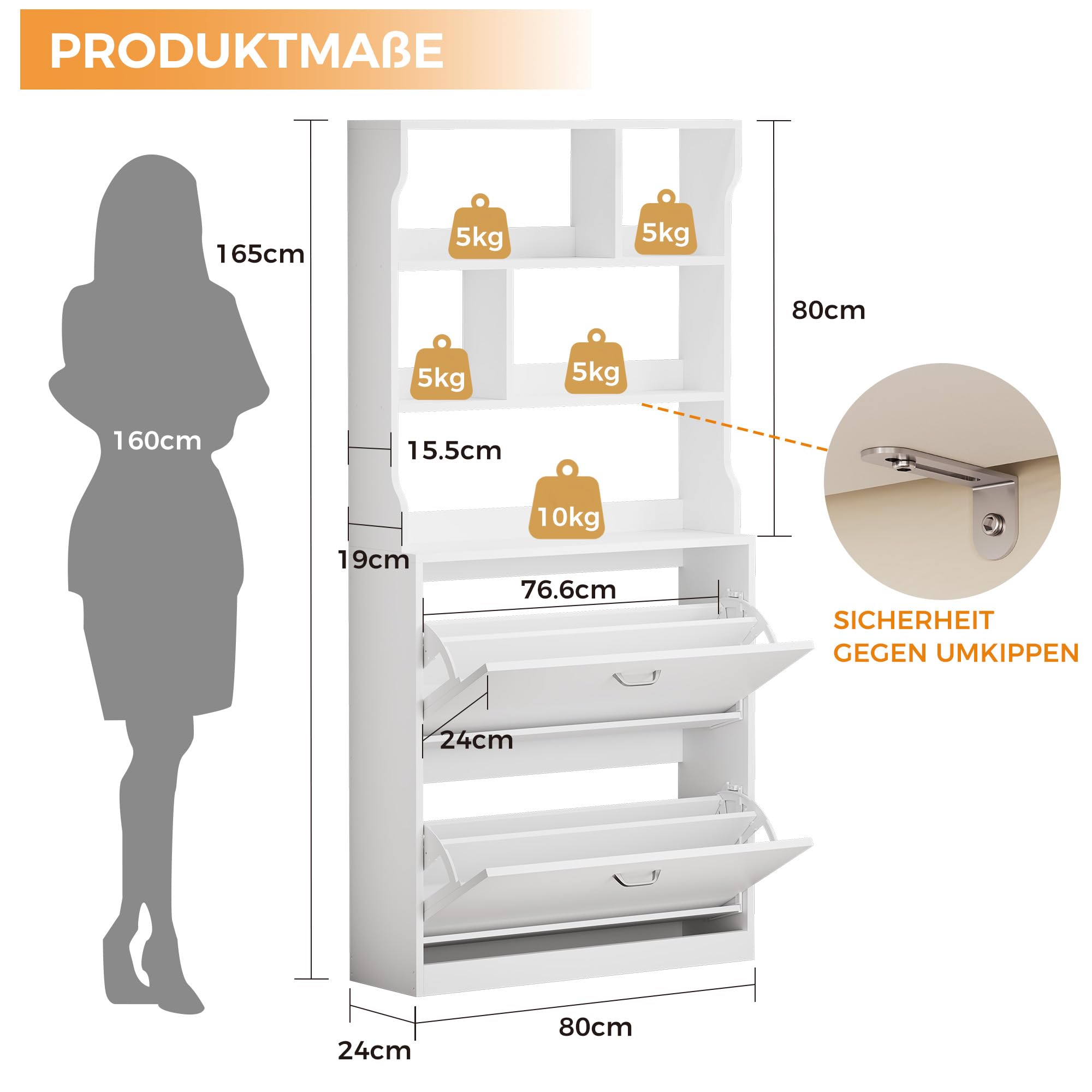 IRONCK Schuhschrank 2 Klappen, Schuhkipper Schmal, Schuhregal offenes Fach, Hohe Schuhaufbewahrung Holz Schuhkommode mit verstellbaren Trennwände für Flur Eingang Wohnzimmer, 24x80x165cm (Weiß)