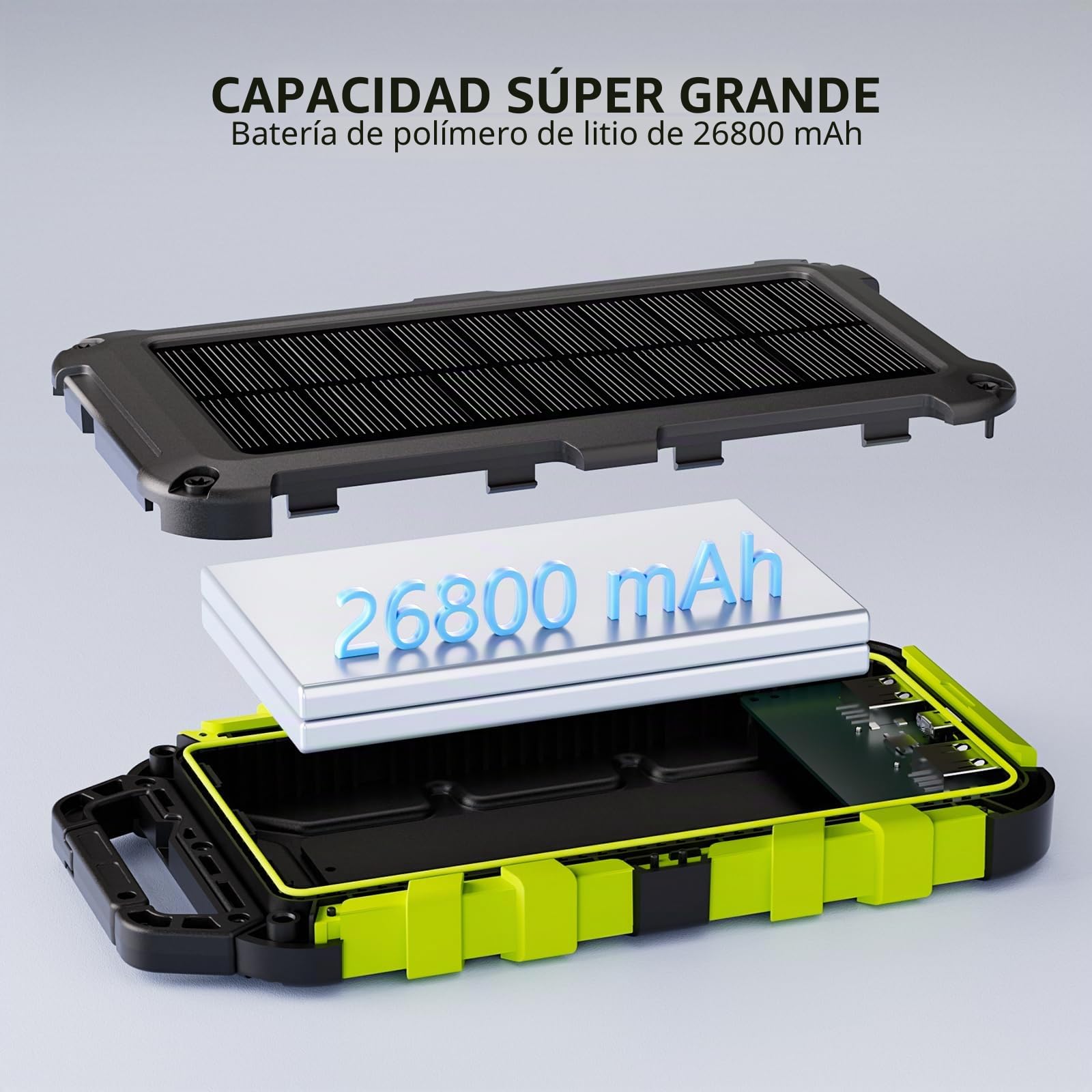 TOENNESEN Cargador Solar 26800 mAh Power Bank Solar, Bateria Externa con Carga Rápida 15 W Impermeable IPX4 2 Puertos USB + Linterna LED Compatible con Smartphones Tablets Camping y Emergencias