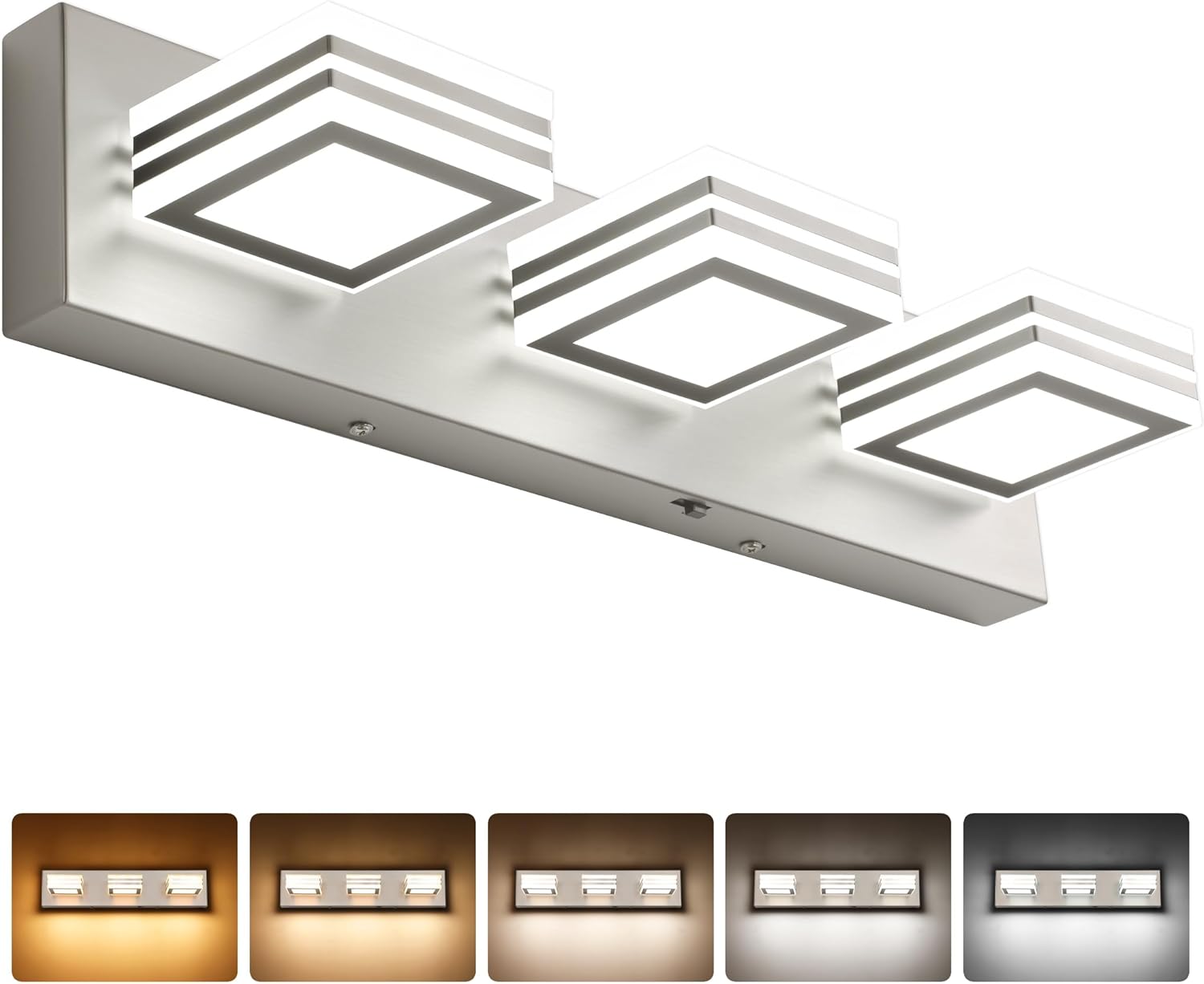 SOLFART LED Bathroom Vanity Light Fixtures： 3 Light Brushed Nickel Modern Acrylic Bathroom Wall Lighting Fixtures Over Mirror 20in 5CCT