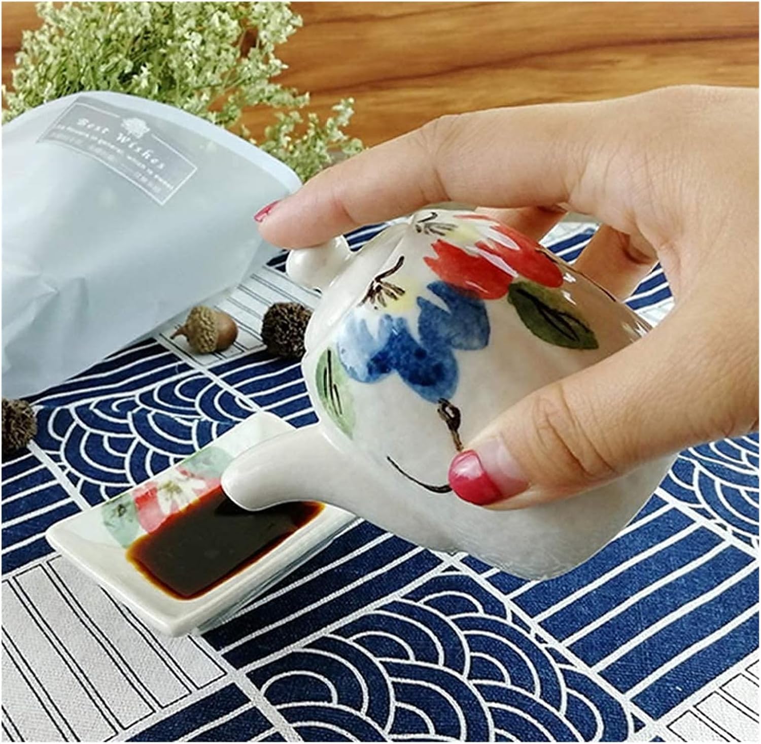 Oil and Vinegar Dispenser Handmade Oil Vinegar Ceramic Bottles 140ML Japanese Style Soy Sauce Bottle for Wasabi Oil,Sushi Juice Cooking(Green)