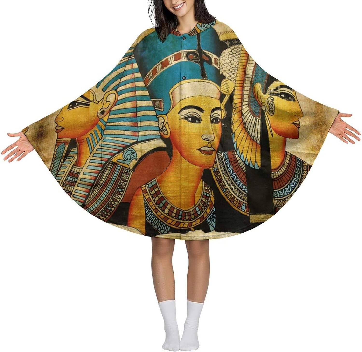Retro Ancient Egyptian Art Wearable Blanket with Hooded Flannel Blankets Cape with Pocket