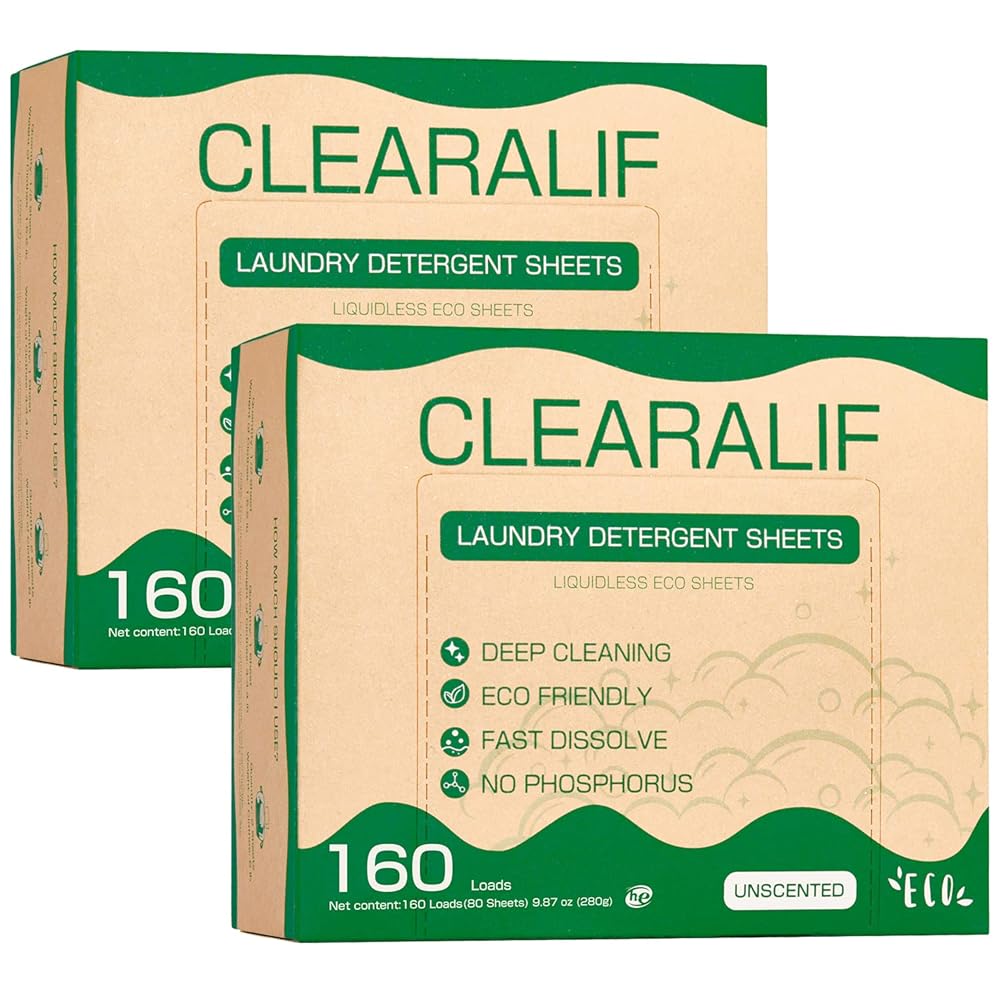 CLEARALIF Laundry Detergent Sheets up to 320 Loads (160 sheets), Unscented, Laundry Detergent Strips Eco Friendly & Hypoallergenic (160 Count,Pack of 2)