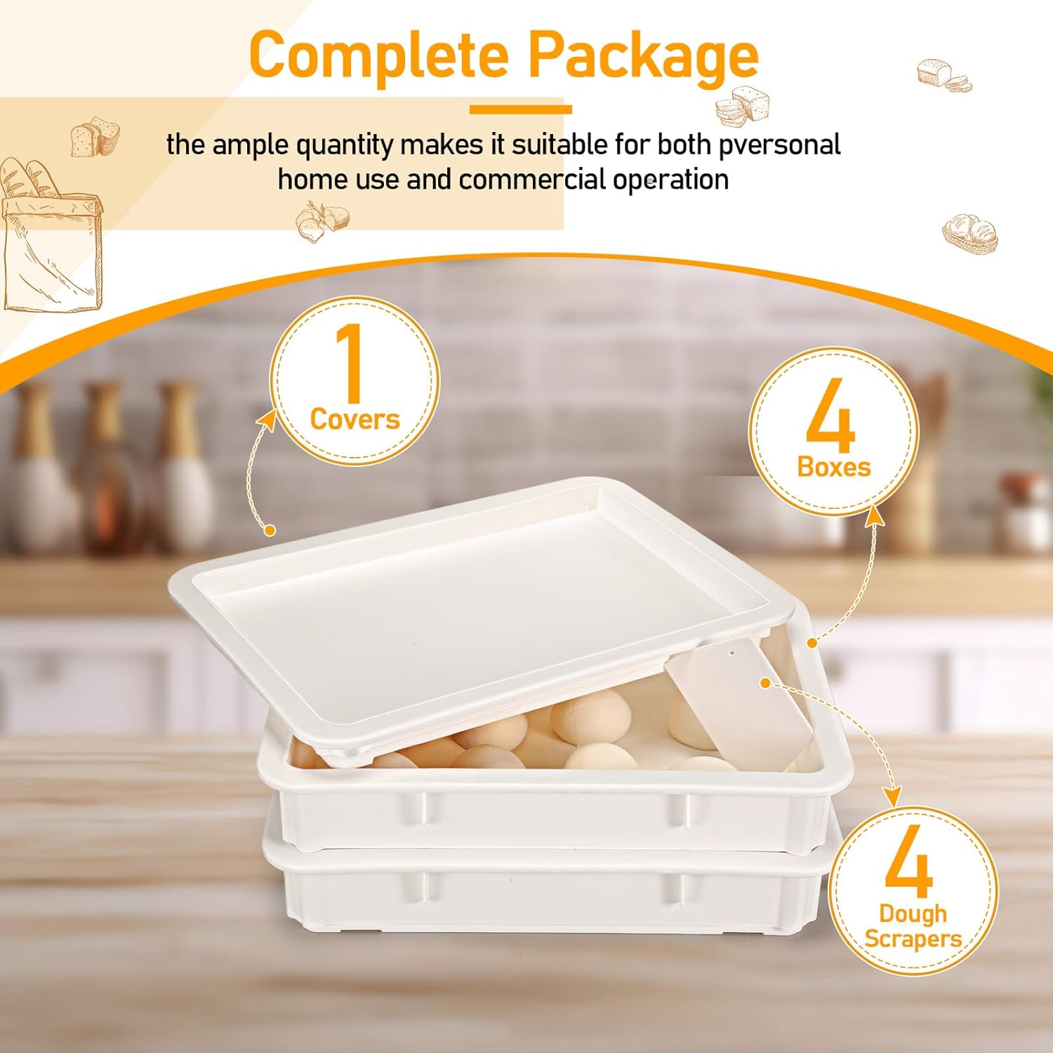 Suzile 4 Pcs Pizza Dough Proofing Box Plastic Stackable Trays with Covers Food Storage Containers, 17.83'' x 12.8'' x 3.23'', 4 Trays with 1 Cover
