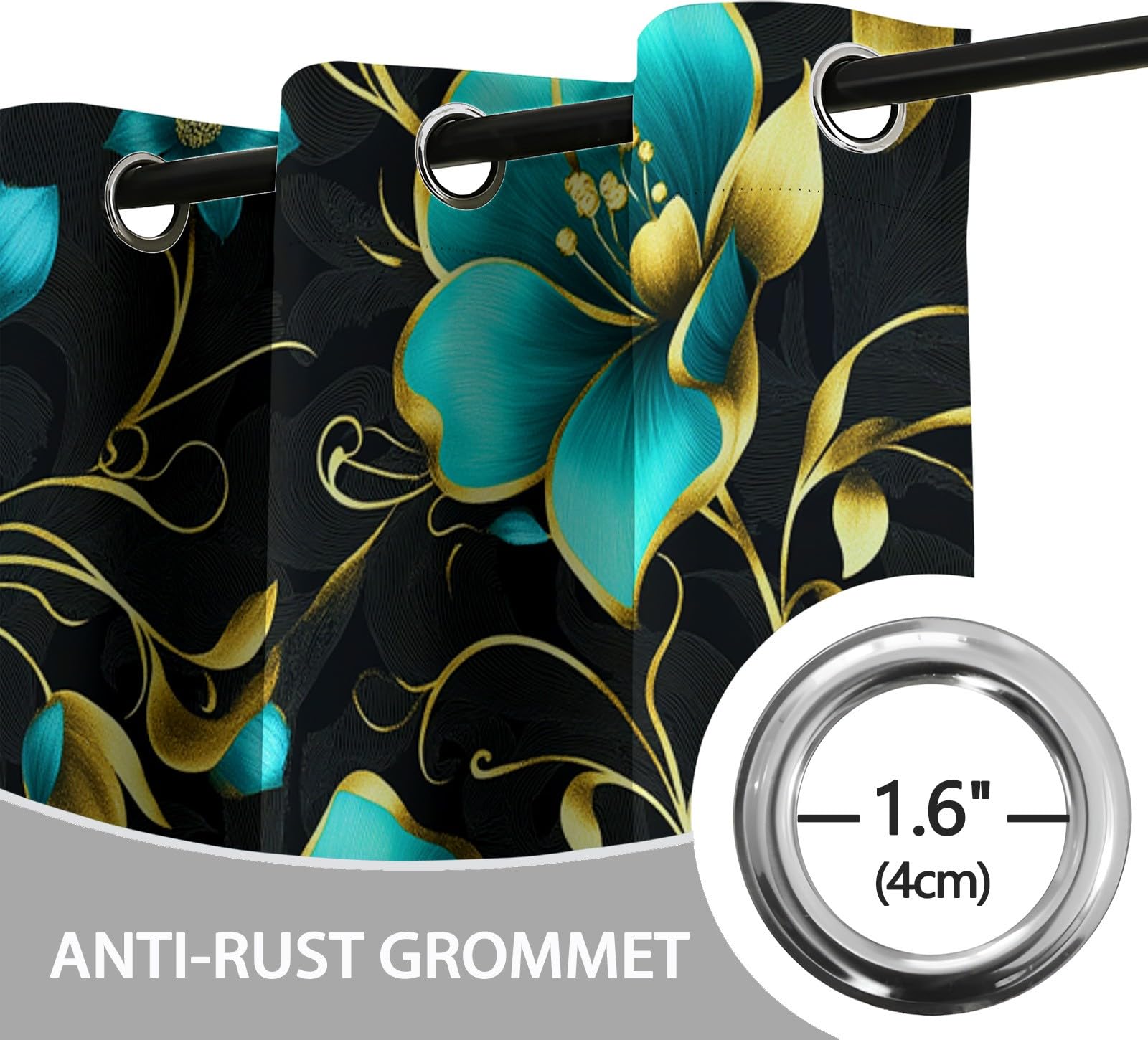 Tende Oscuranti per Interni 2 Pezzi 70x160 cm (LxA), Lusso Foglie Dorate Fiori Turchesi Tenda Coprente per Soggiorno, Termiche Isolanti Nero Tendaggi per Interno Finestra per Salotto Cucina