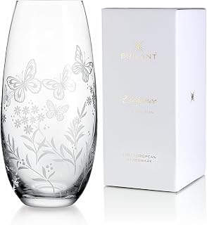 Garden Butterfly Glasvase - Hochwertige Blumenvasen, Handgefertigte große Glasvasen mit graviertem botanischem Motiv, Bleifreies Kristallglas, Geschenkfertige Verpackung - 1 Stück, 25 cm